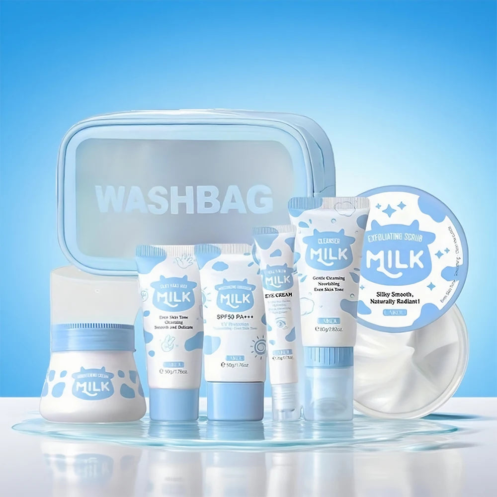 7 Pack Milk Skin Care Kit: Moisturizing Body Cleansing Milk, Body Scrub, Hand Products, Eye Cream and Storage Bag
