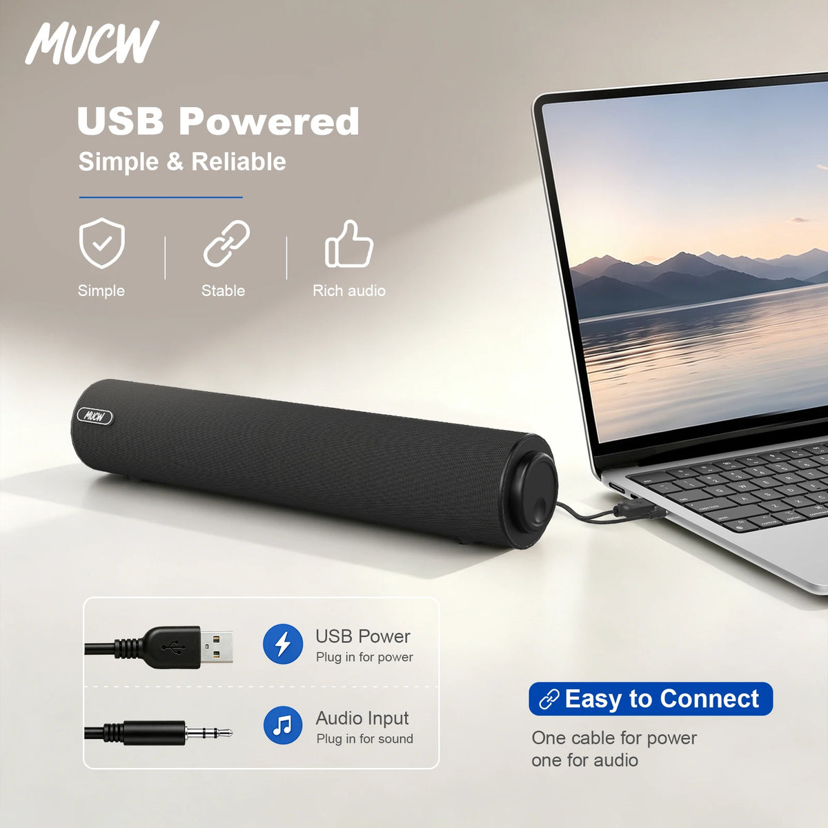 MUCW Minimalist Wired Computer Soundbar Stereo USB Power 3.5mm AUX