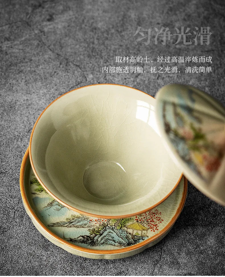 Jingdezhen-Ceramic Tea Cup with Bamboo Hat, Traditional Handmade Tea Ware, Single Bowl, Kung Fu Tea with Lid, Sancai Gaiwan