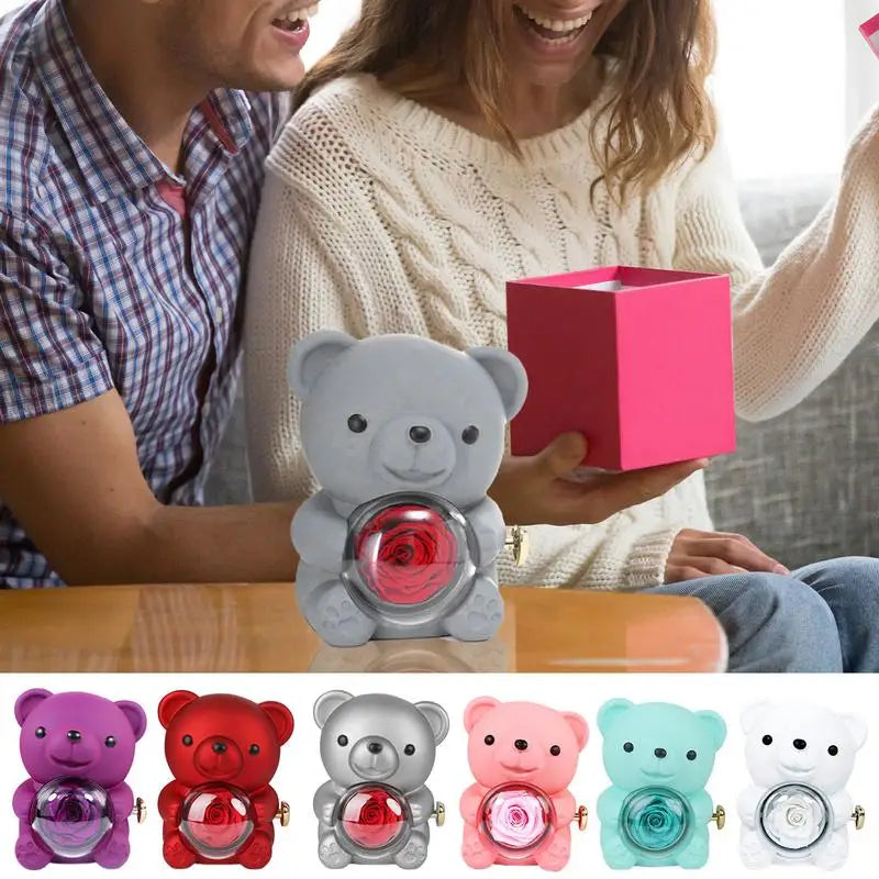 Bear Necklace Case Romantic Bear and Rose Jewelry Box Hug Bear Decoration Necklace Box Rose and Rotating Bear Case with Double