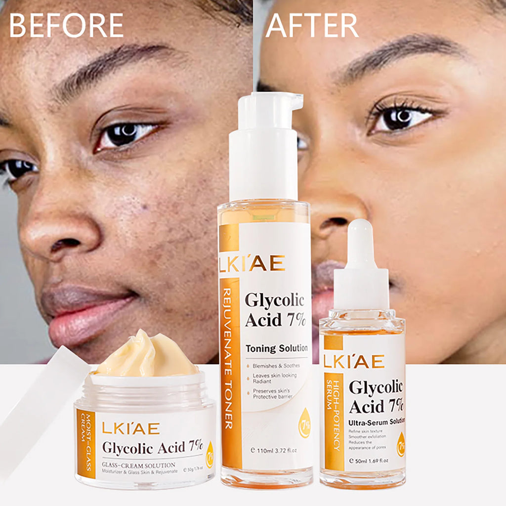 LKIAE Glycolic Acid Brightening Skin Care Set, Reduce Dark Spots, Unclog Pores, Clean Skin, Whitening Kit For All Skin Types
