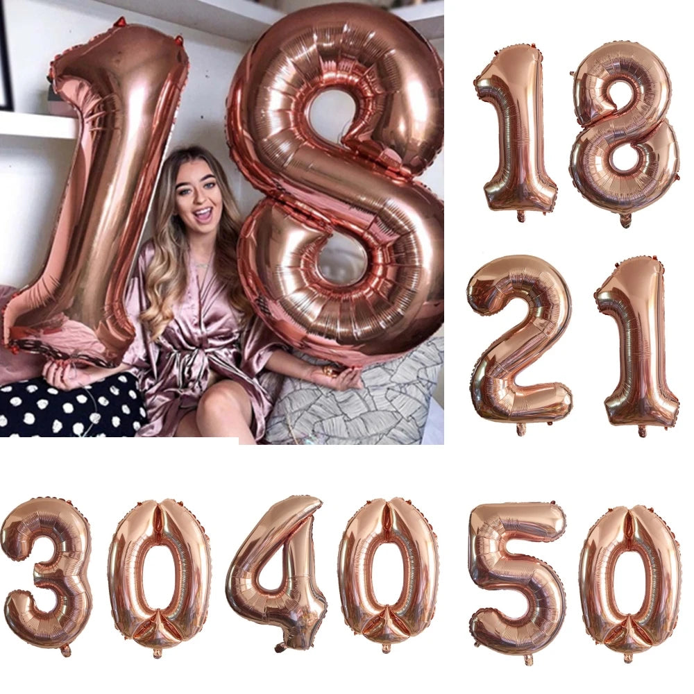 2pcs 32inch Rose Gold Balloon Number Banner 18 25 30 40 50 60 Birthday Party Decoration Kids Adult Anniversary Digit Foil Ballon