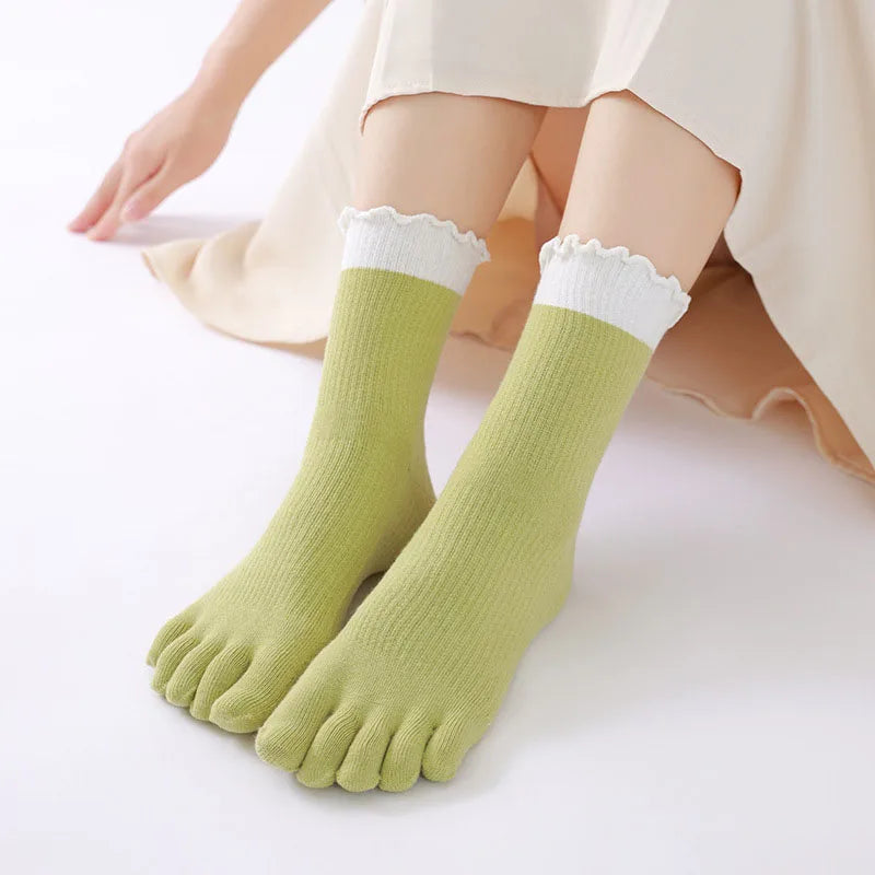 New Splicing Color Ruffle Edge Five Toe Socks For Women Sweet INS 5 Fingers Middle Tube Socks Soft Cotton Elastic Split Toe Sock
