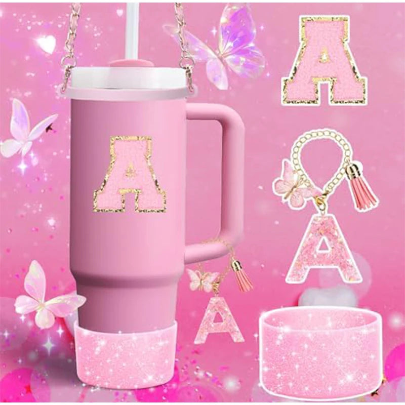 9PCS Set Bling Pink For Stanley Cup Cute Bow Letter Decoration 30oz 40oz Cup Spill Proof Stopper Keychain Handle Cup Accessoriy