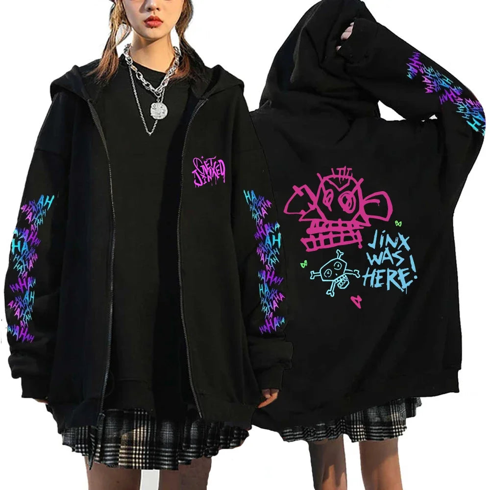 Arcane-Jinx Zipper Hoodie Harajuku Anime Monkey Graffiti Pullover Sweatshirt Men Women Streetwear Gothic Game Lover Zip Hoodie