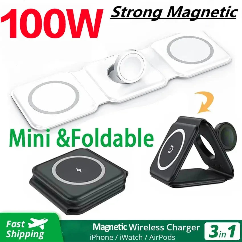 3 in 1 Fast Charging Wireless Magnetic Charger for iPhone 16 15 14 Pro Max Airpods iWatch Foldable Mobile Phone Wireless Charger