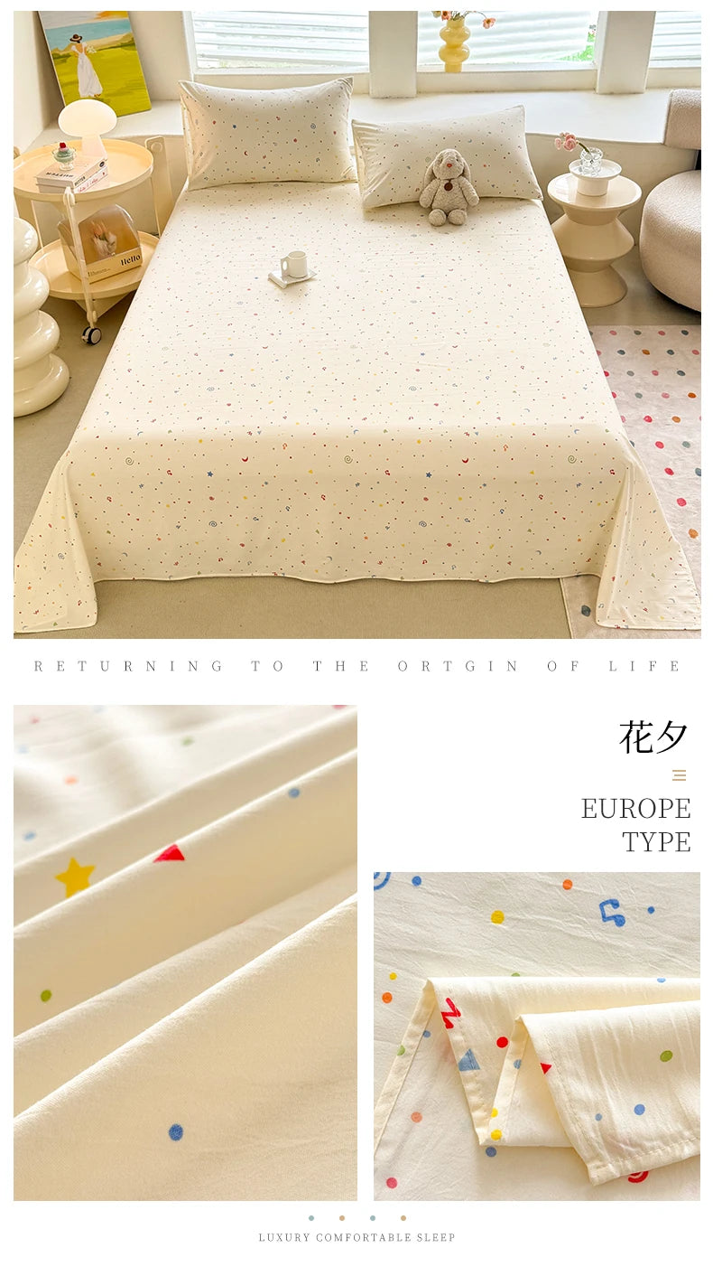 1pc Washed Cotton Flat Bed Sheets Single/Queen/King Size Bed Cover for Double Bed Flower Printed Soft Bed Sheets Top Sheets Set