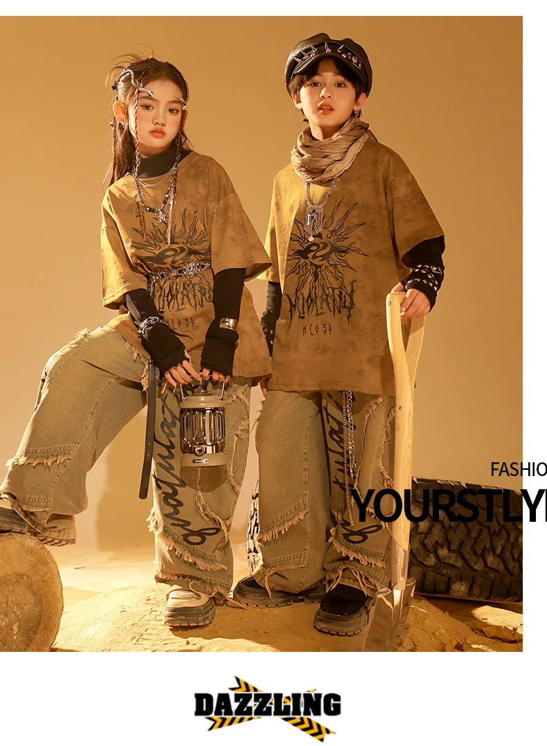 Boys Wasteland Punk Street Dance Sweatshirt Jeans Pants Girls Hip Hop Clothes Sets Kids Jazz Stage Costumes Children Streetwear