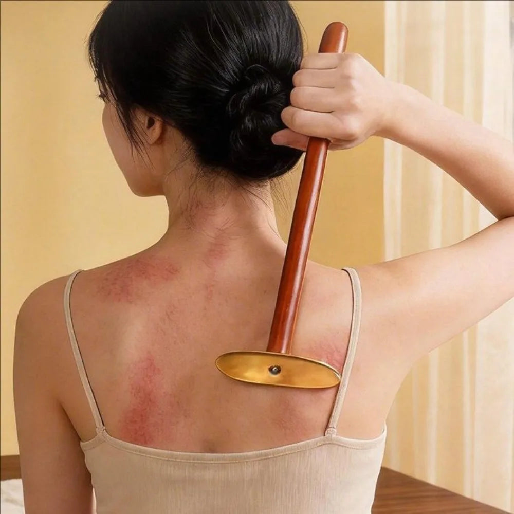 Wood & Brass Gua Sha Tool - Natural Face/Body Massage Tool for Skin Care & Relaxation