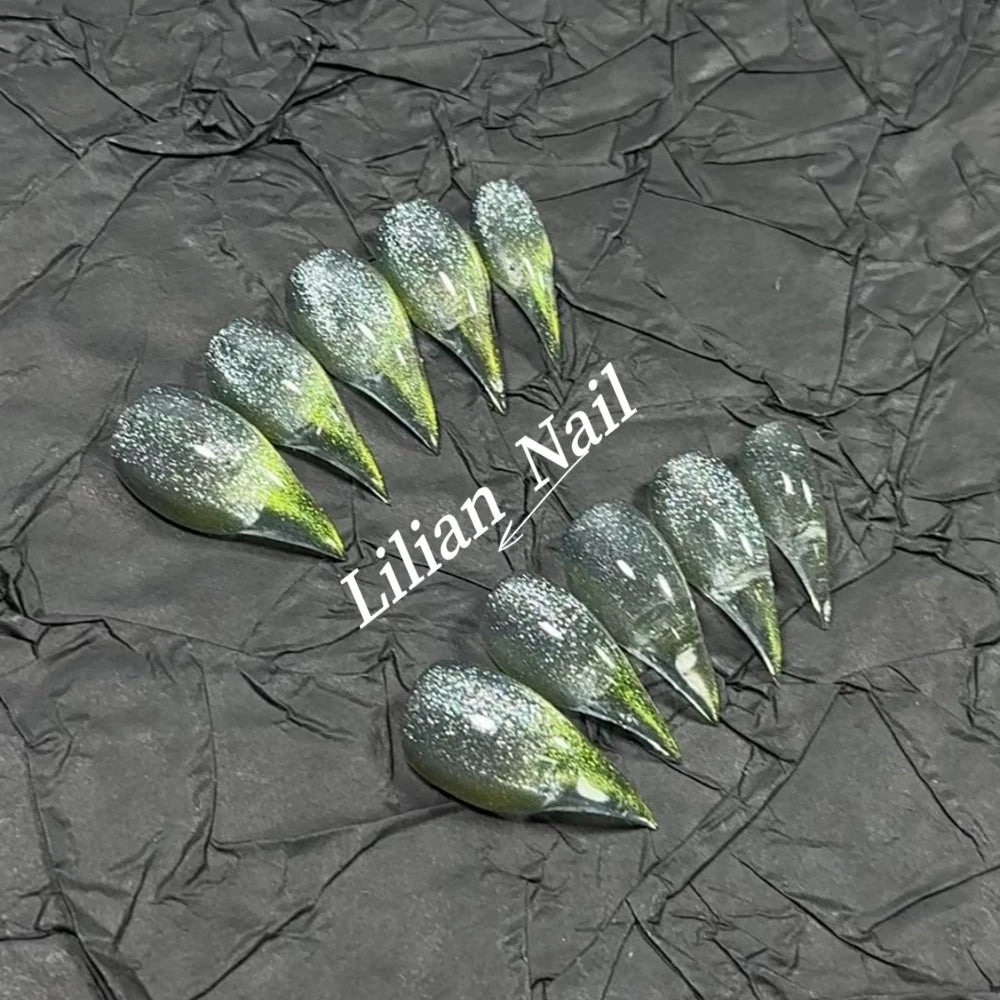 10Pcs Spice Girl Colorful Handmade Full Cover False Nail Y2K Long Dragon Shape Claw Cat Eyes Gradients Reusable Press On Nails