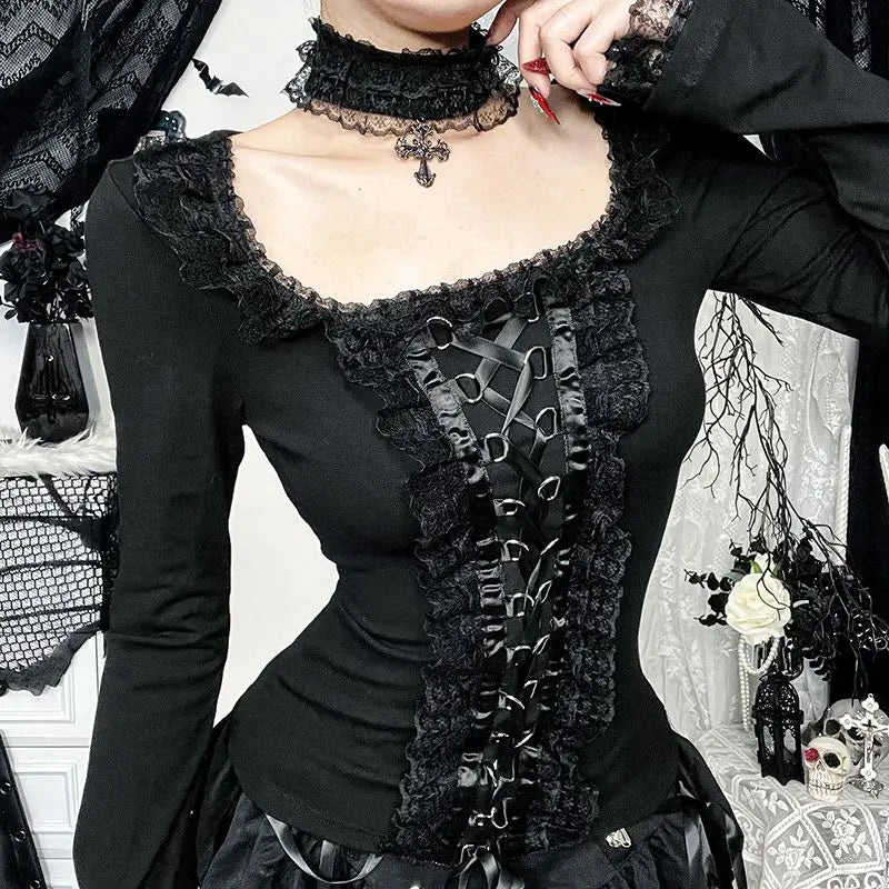 Harajuku Vintage T-Shirt Y2K Aesthetic Punk Lace Ruffle Long
