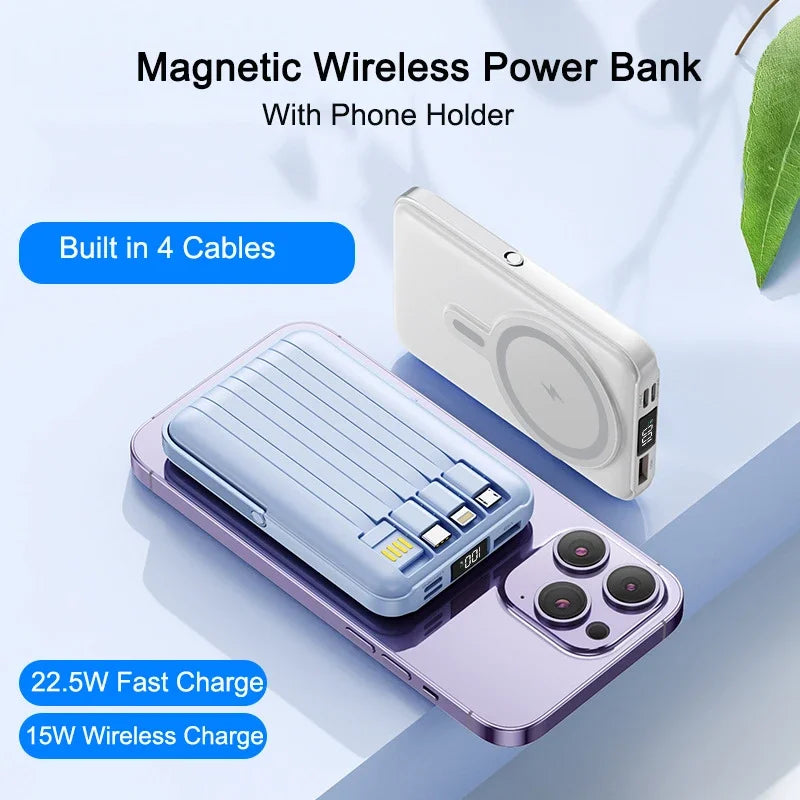 PD 22.5W Fast Charging Power Bank 20000mAh Magnetic Wireless Charger for iPhone 15 14 Samsung Xiaomi Powerbank Built USB C Cable