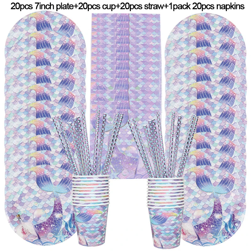Mermaid Birthday Party Decoration Disposable Tableware Set Little Mermaid Tail Plates Girl Mermaid Party Supplies Wedding Decor
