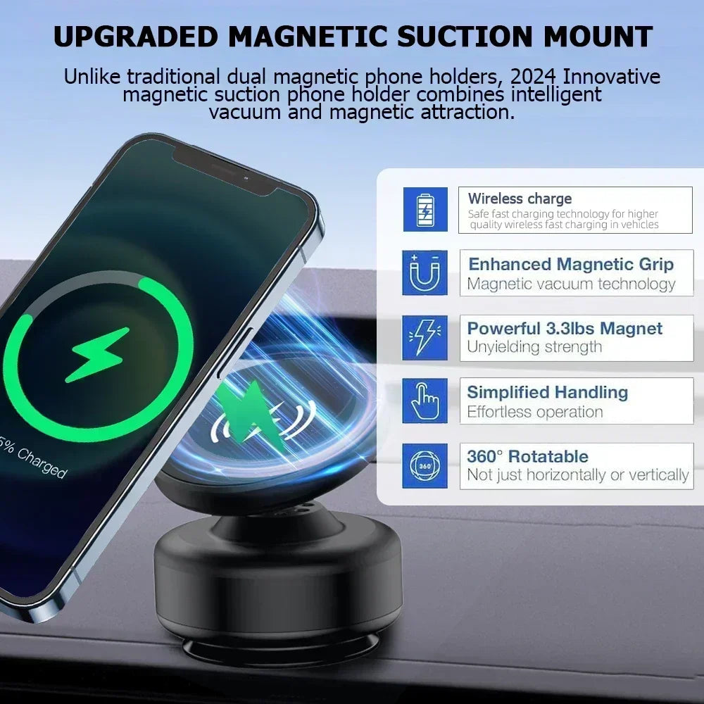 Car Center Console Wireless Charger Magnetic Vacuum Suction Cup Phone Holder for Magsafe iPhone 16 15 14 13 Fast Charging Stand
