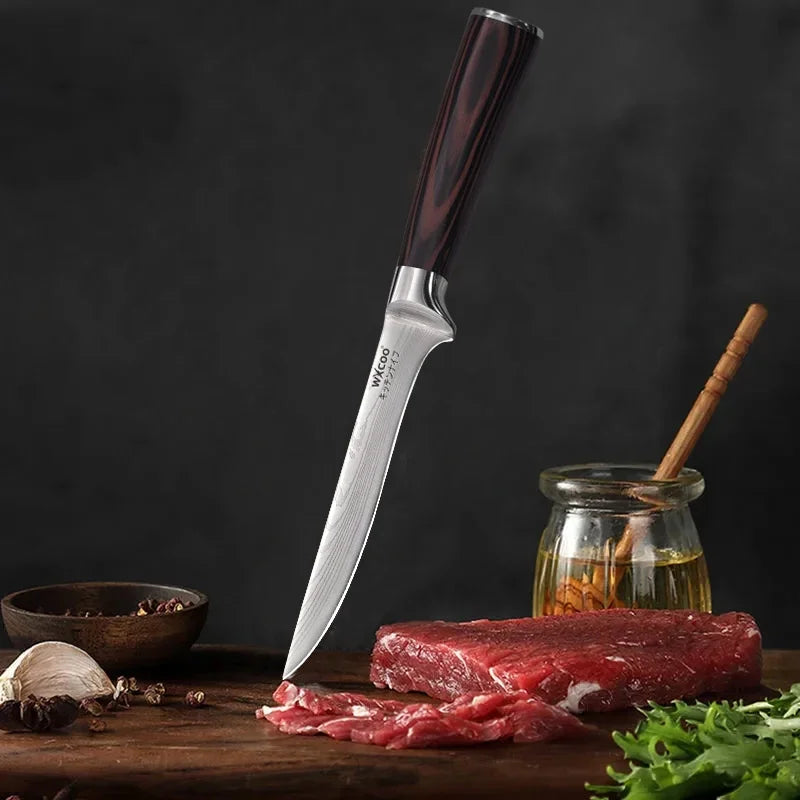 WXCOO Japanese Knife Set with Knife Bag Kitchen Knives Damascus Laser Fish Fillet Meat Cleaver Fruit Peeler Santoku Cutter