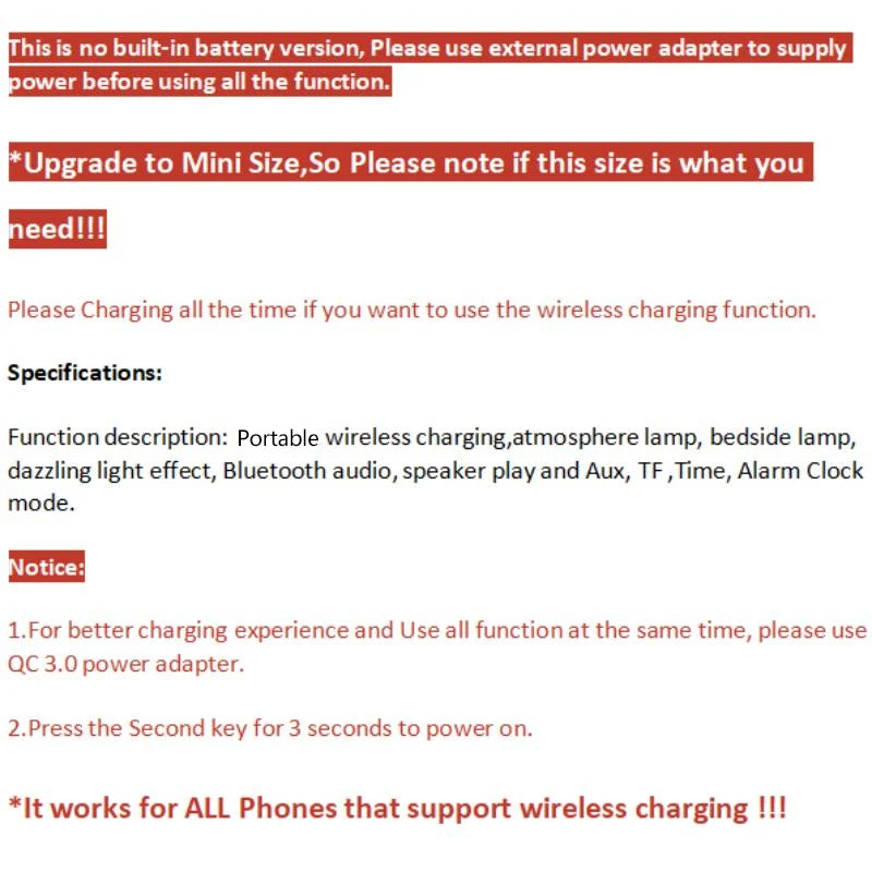 RGB Night Light Lamp Multifunction Multifunctional Wireless Speaker Alarm Clock Speaker Wireless Charger Station For iPhone