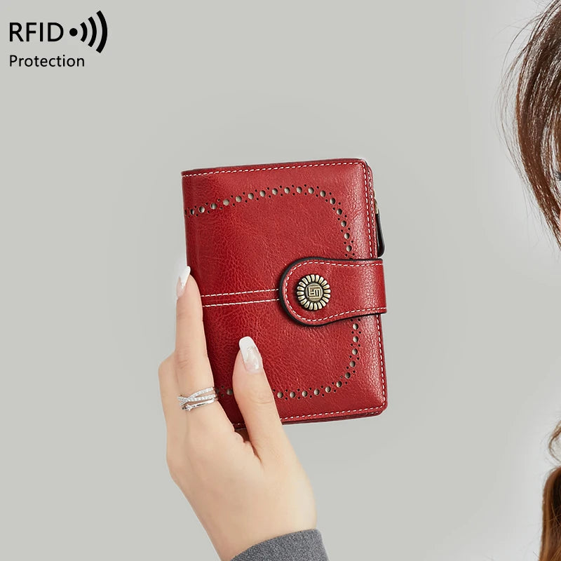 RFID Anti-Theft Retro Wallet for Women, Multi-Card Zipper, Zipper Buckle, Fashion Coin Wallet, Multi-functional Short Wallet
