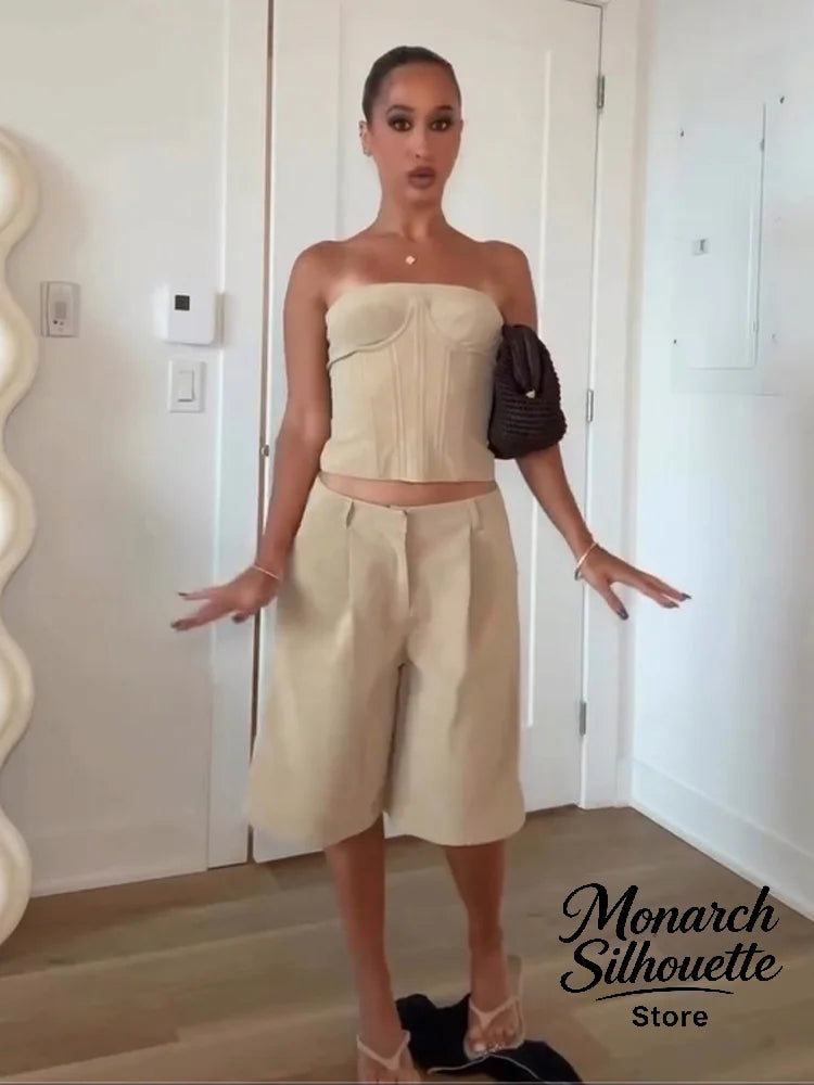 Beige Strapless Corset Shorts Set Women Y2K Sleeveless High Waist