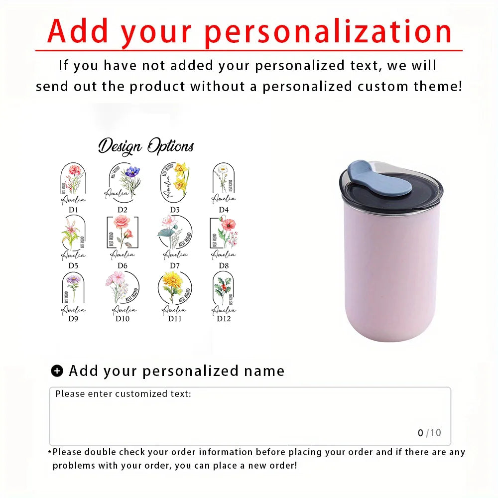 Customizable birthday flower stainless steel water cup,Customized name coffee cup，Birthday、Valentine's Day gift.