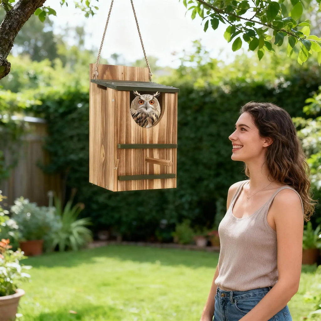 Owl Box Wooden Bird House Waterproof Carbonized Shelter for Garden Outdoor Window Squirrel Pigeon Hummingbird Nesting Home Decor