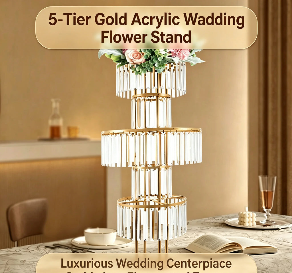 Gold 5‑Tier Wedding Flower Stand Acrylic Iron Electroplated Flower