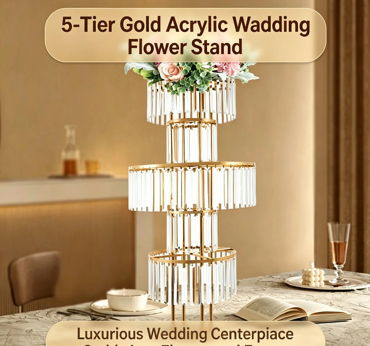 Gold 5‑Tier Wedding Flower Stand Acrylic Iron Electroplated Flower