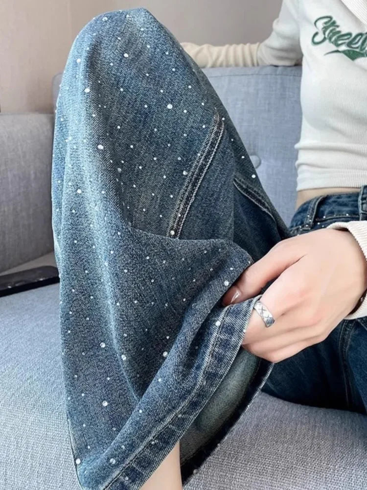 Fashion Y2K Hot Drilling Jeans High Waist Wide Leg Pants Spring