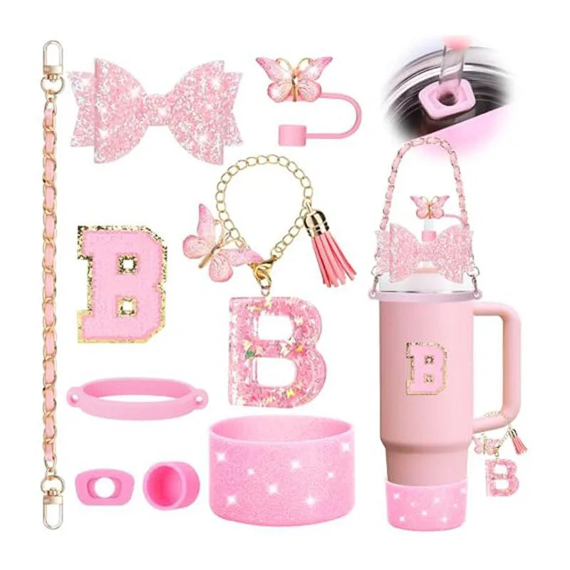 9PCS Set Bling Pink For Stanley Cup Cute Bow Letter Decoration 30oz 40oz Cup Spill Proof Stopper Keychain Handle Cup Accessoriy