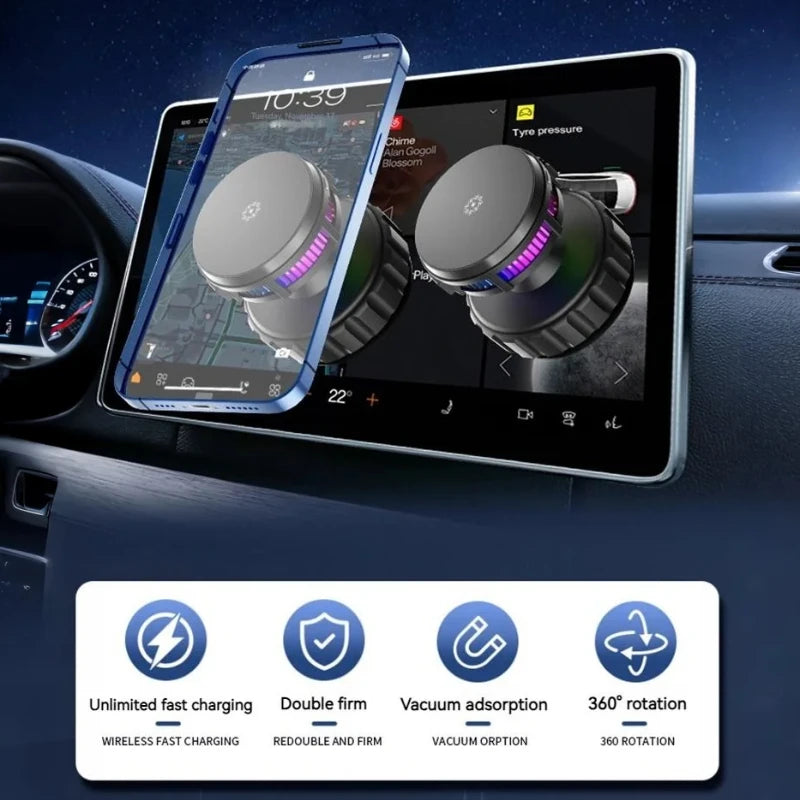 15W Car Magnetic Wireless Charger Phone Stand, Suction Cup with Semiconductor Cooling & Colorful Ambient Lights, 360° Rotatable