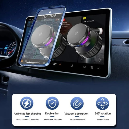 15W Car Magnetic Wireless Charger Phone Stand, Suction Cup with Semiconductor Cooling & Colorful Ambient Lights, 360° Rotatable