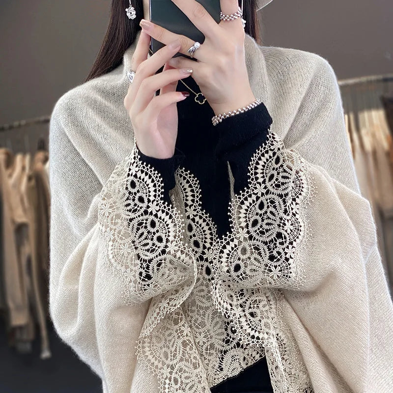 Popular Lace Edge 100% Wool Knitted Shawl Spring Autumn Thin Women's Soft, Skin friendly, Breathable, and Fashionable Cardigan