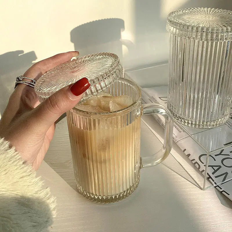 Transparent Coffee Mugs Simple Stripe Glass Cup with Lid Straw Tea Cup Juice Drinking Wine Beer Milk Breakfast Shot Glasses Set