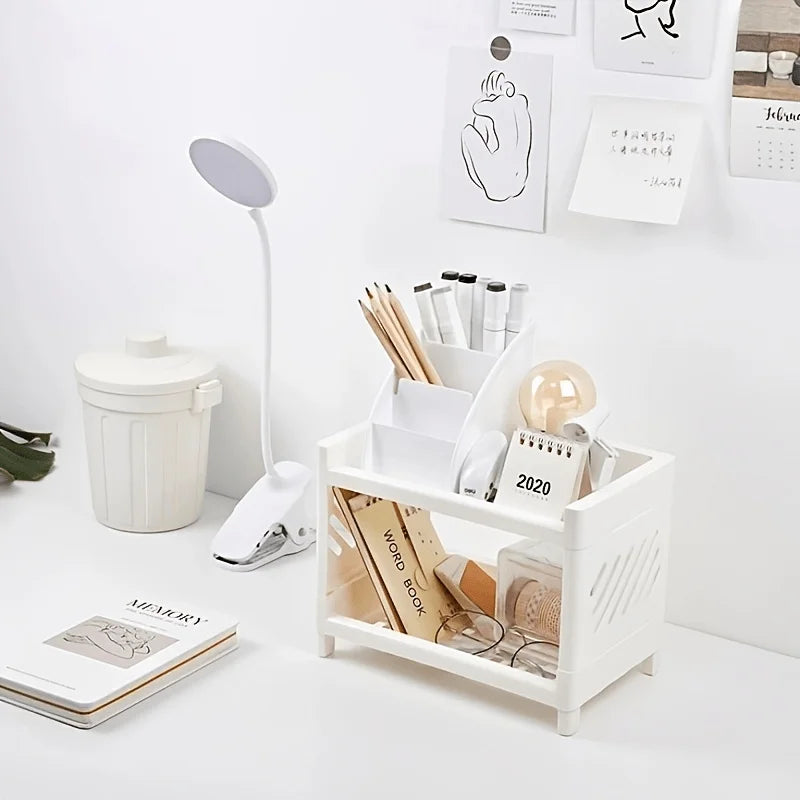 Office Desk Organizer, Double Layer Desktop Storage Rack for Stationery Supplies, Multifunctional Space Saving PP Material