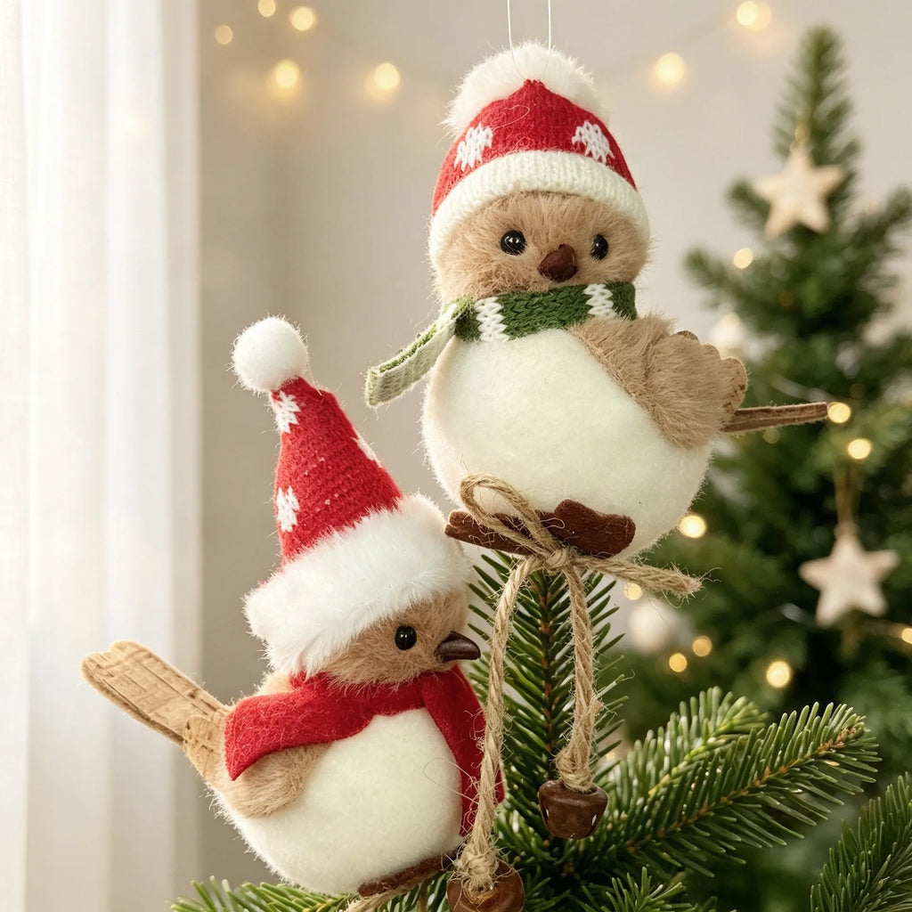 1pc Christmas Tree Hanging Ornament Cute Plush Bird with Santa Hat