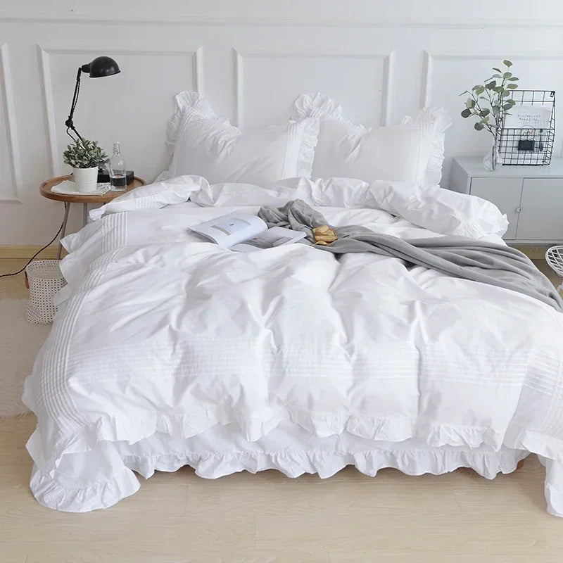 Super Sale White Bedding Set Elegant Handmade Ruffle Duvet Cover Set Princess Queen Bed Set Home Bed Sheet Cotton Linen
