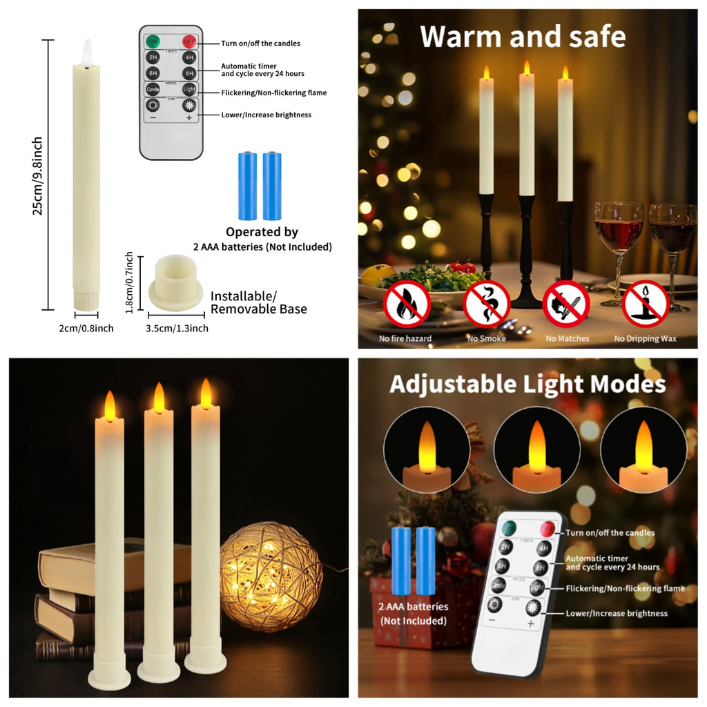 LED Flameless Taper Candles 6.5/11" Battery Operated Fake Flickering Candlesticks Electric Long Candles for Wedding Home Decor