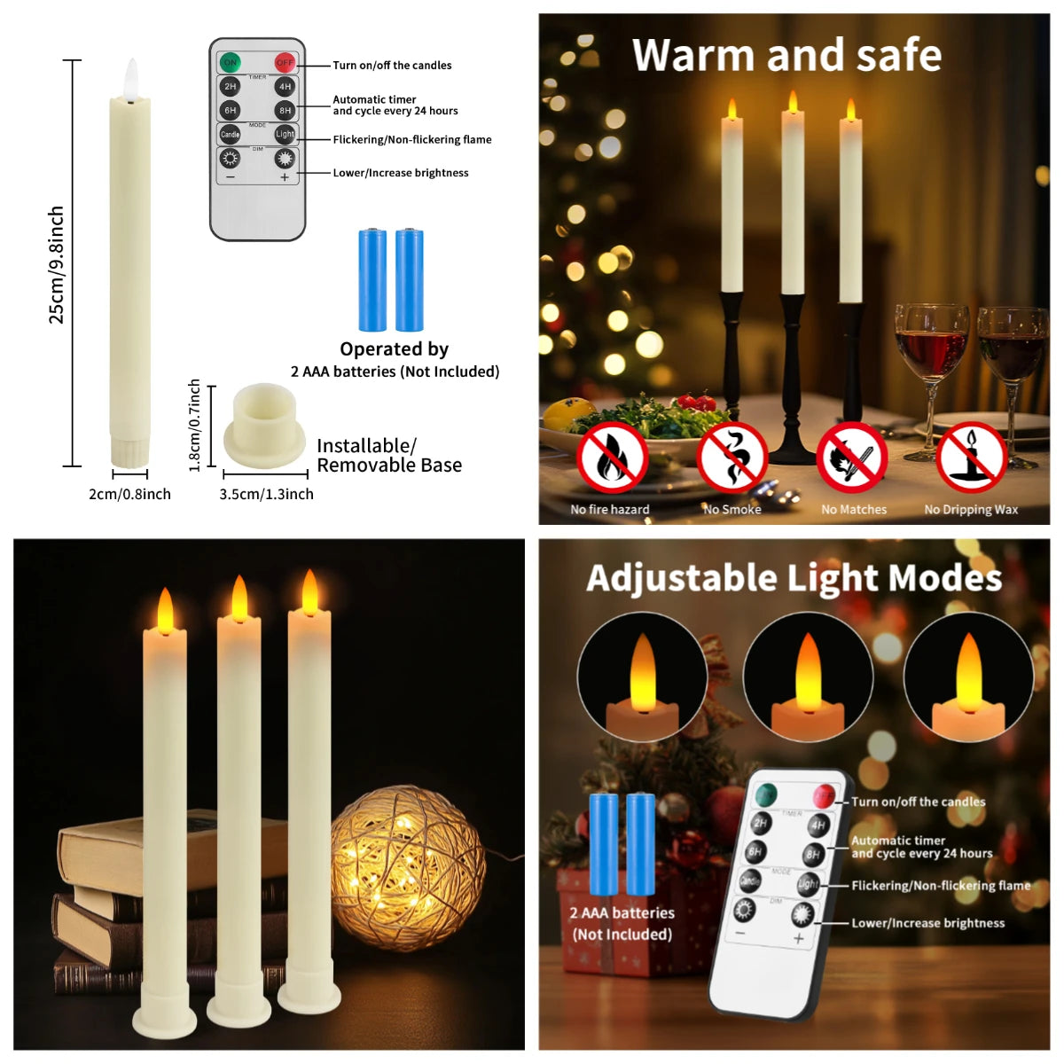 LED Flameless Taper Candles 6.5/11" Battery Operated Fake Flickering Candlesticks Electric Long Candles for Wedding Home Decor