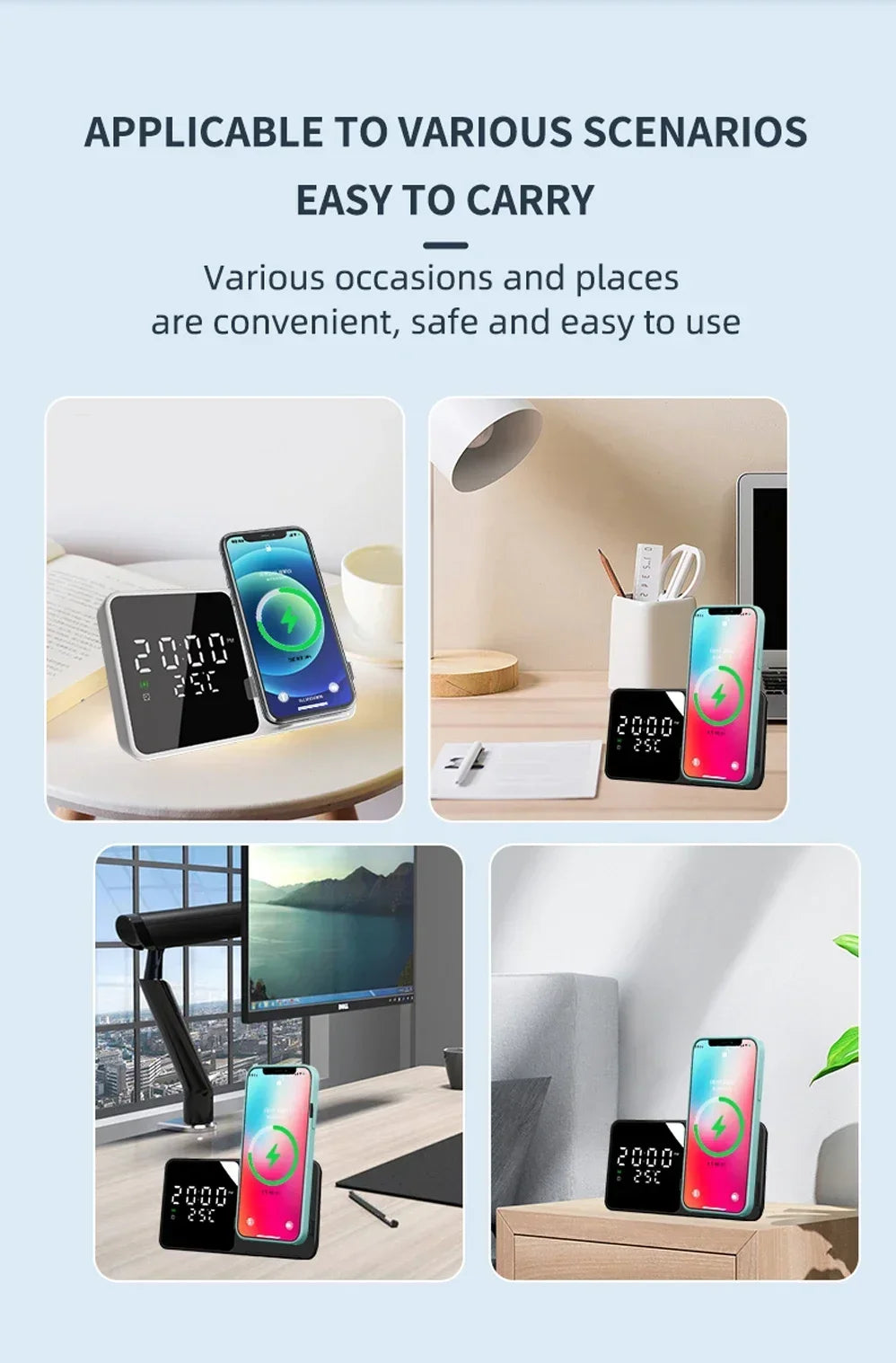 Wireless Charger Pad Stand with Alarm Clock Thermometer for iPhone 14 13 12 11 X Xiaomi Samsung 15W Phone Fast Charging Station