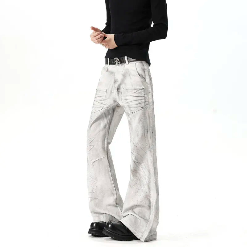 IEFB Men White‑Grey Washed Flare Jeans Embossed Pattern Rivet