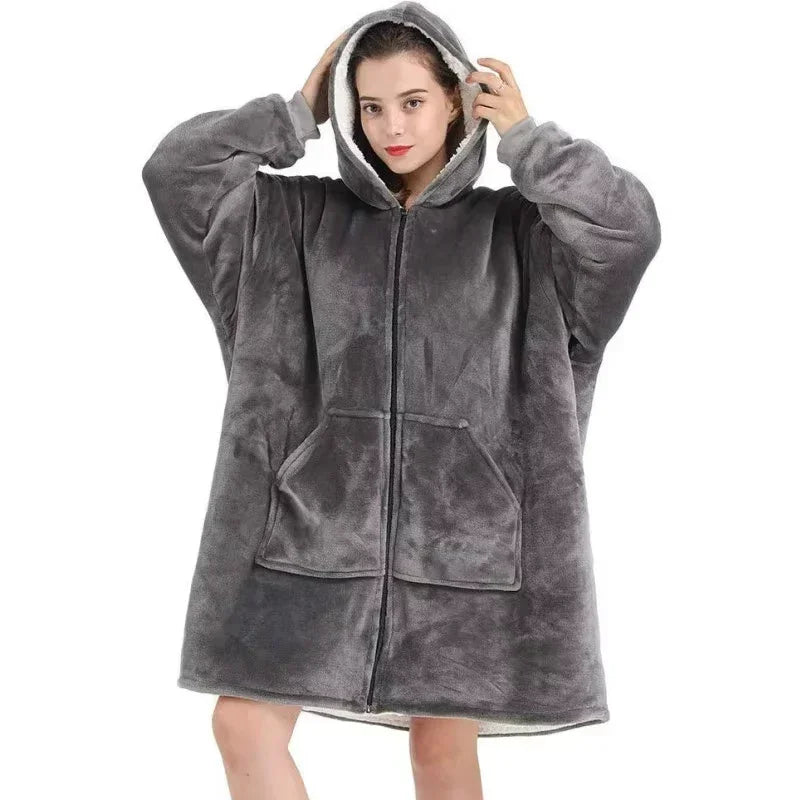 Hoodie Oversized Wearable Blanket Deep Pocket Comfy Sleeves Front Zipper Deluxe Fleece Sweatshirt Blanket Winter Blanket