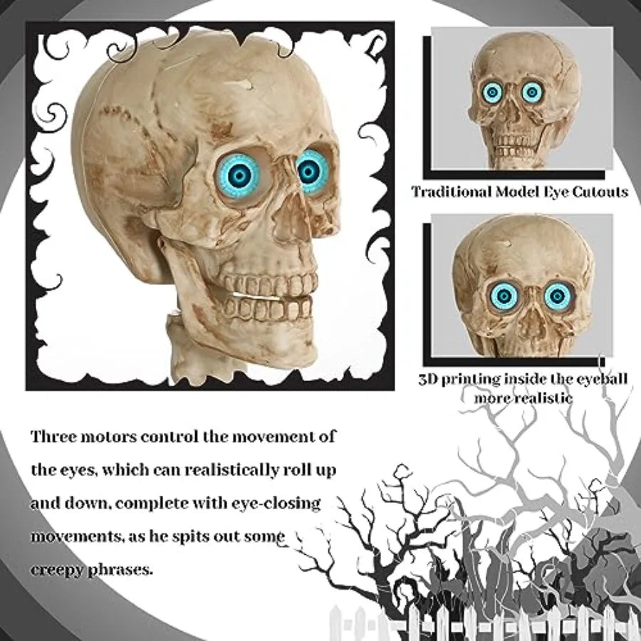 Halloween yard prop: PVC skeleton, black, LED glowing eyes creepy sounds, life-size, posable joints, indoor/outdoor use