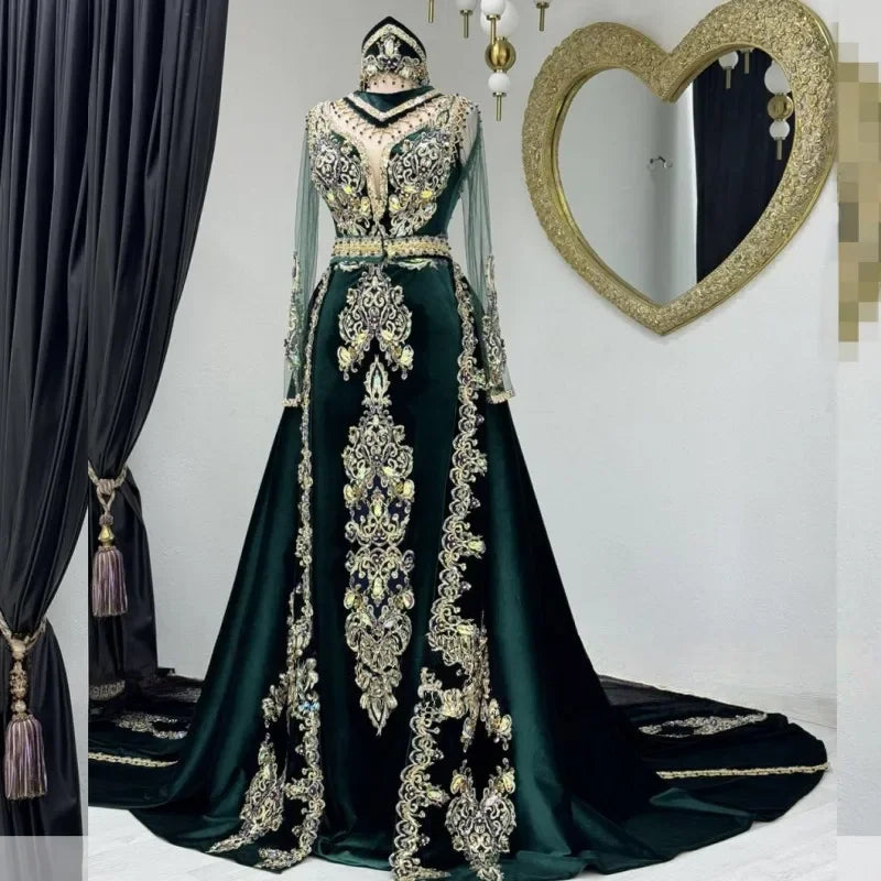 Teal Moroccan Kaftan Caftan Muslim Evening Dresses A-line Long Sleeves Appliques Dubai Arabic Abaya Islamic Gown Customized