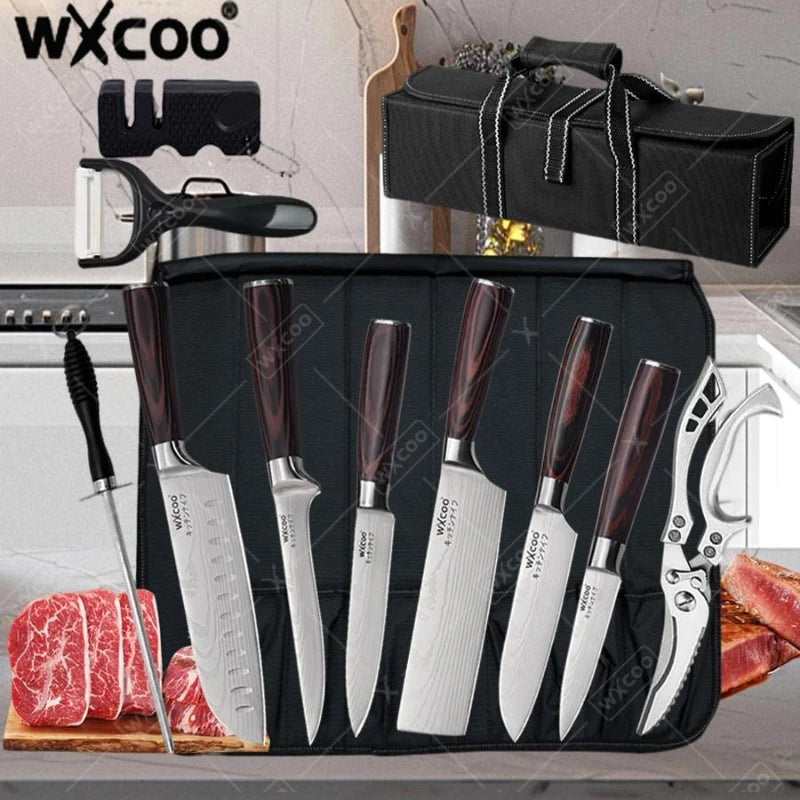WXCOO Japanese Knife Set with Knife Bag Kitchen Knives Damascus Laser Fish Fillet Meat Cleaver Fruit Peeler Santoku Cutter