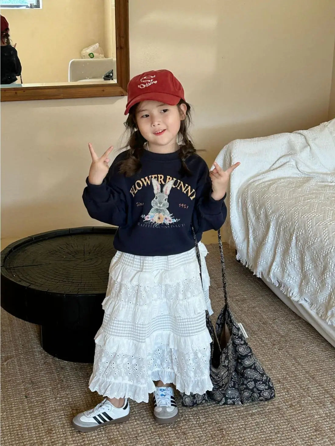 Korean Girls 2024 Navy Blue Cute Rabbit Sweatshirt+ White Lace Cake Skirt Girl 2pcs Cotton Set Fashion Baby Spring Autumn Outfit