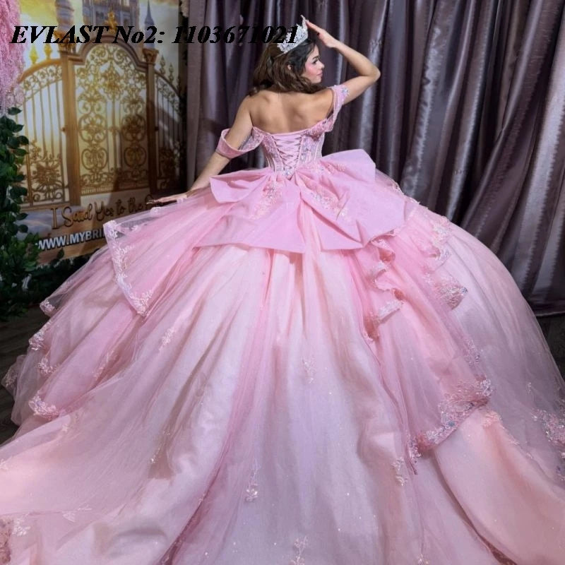 EVLAST Customized Princess Pink Qinceanera Dress Ball Gown Shiny Lace Applique Beading Tiered Sweet 16 Vestidos 15 Anos E2QA332