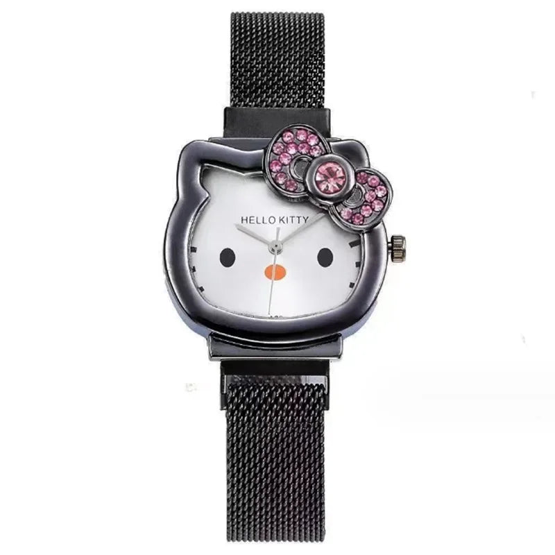 Sanrio Anime Hello Kitty Bow Set Diamond Watch Fashion Quartz Watch Cute Cartoon Magnet Small Dial Watch Girl Birthday Gift