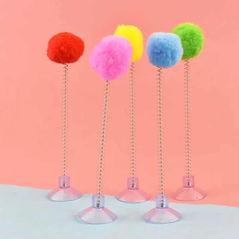 Pet Cat with Spring Toy Interactive Fun Teasing Cat Stick Suction Cup Fur Ball Pet Cat Toy