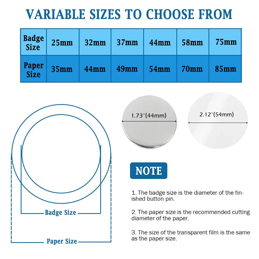 500Pcs Round Button Badge Parts Material 25mm 37mm 44mm 58mm DIY Badge Supplies Aluminum Top Plastic Clip Bottom & Plastic Film