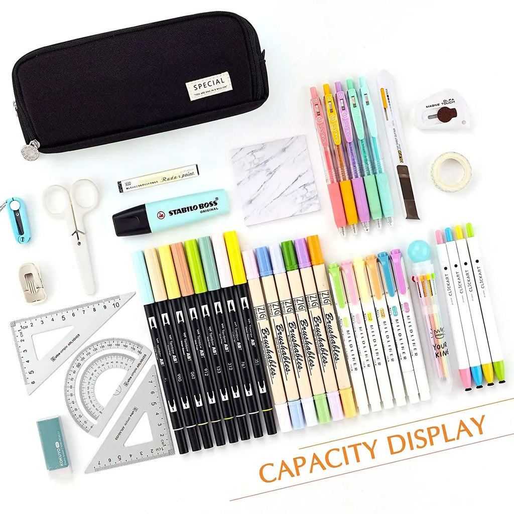 Large Storage Pencil Case-3-Compartment Bag, Double-Side Open, Student Stationery, Desk Organizer for School Use