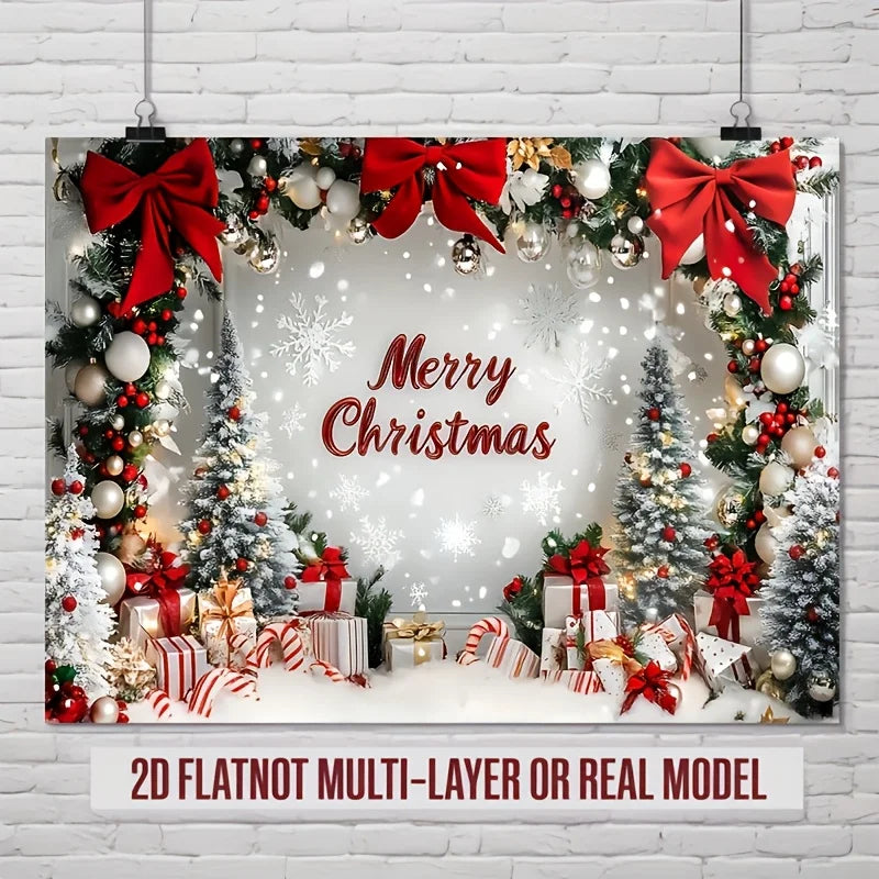 1 festive Christmas party banner with snowy landscape, decorative bow and wrapped gifts for home and room wall decoration